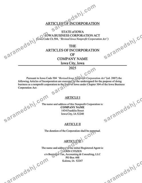 USA Iowa articles of incorporation Word and PDF template